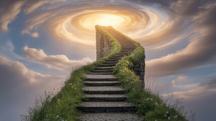 Stairway Ascending Into the Clouds Toward Bright Heavenly Light, Symbolic Concept of Afterlife, Spiritual Ascension, Eternal Peace, Divine Journey, Faith, Hope and the Path to Heaven Beyond Death