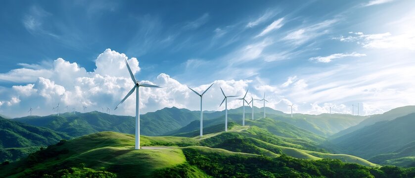 Wind turbine farm on rolling hills under a serene sky, generating clean energy