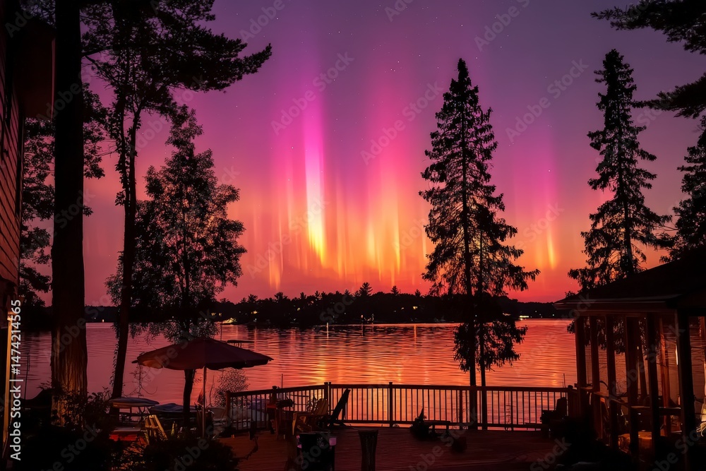 Poster spectacular display of colorful auroras over tranquil lake at dusk surrounded by tall trees and a pe