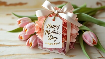 Happy Mother's Day tag attached to gift box with tulips on white wooden background
