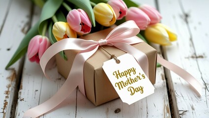 Happy Mother's Day tag attached to gift box with tulips on white wooden background