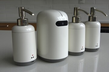 Modern automatic soap dispenser with three matching refillable bottles in a clean kitchen setting