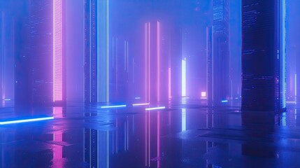 Abstract futuristic city with neon lights reflecting on a wet surface creating a vibrant scene