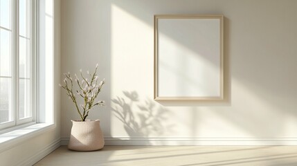 Bright and minimalist interior with a blank frame and a potted plant in natural light