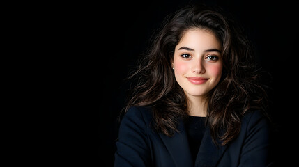 Fototapeta premium A young woman with dark, wavy hair smiles subtly against a black background, wearing a dark blazer