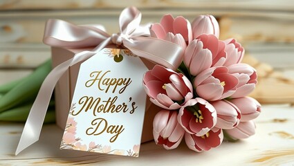 Happy Mother's Day tag attached to gift box with tulips on white wooden background