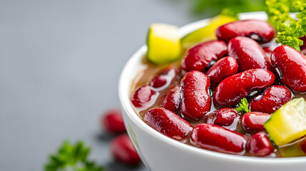 Close-up of a bowl of hearty kidney bean soup with zucchini