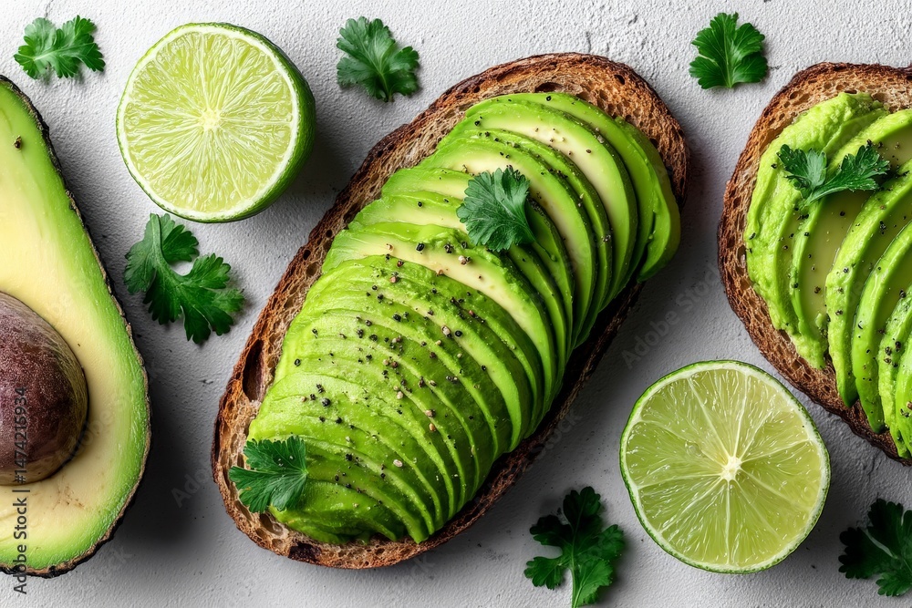 Poster avocado toast with lime and cilantro garnished on a rustic surface, highlighting fresh ingredients a