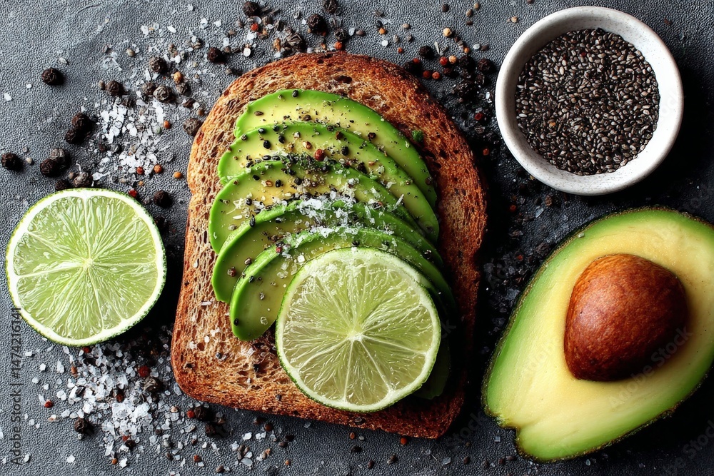 Poster sliced avocado and lime on whole grain bread with chia seeds and spices for a healthy breakfast