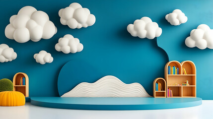 Playful blue room with clouds, bookshelves, and a display podium