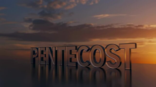 The word pentecost is displayed prominently against a dramatic sunset backdrop. This image symbolizes the coming of the holy spirit and can be used for christian, catholic, or protestant related conte