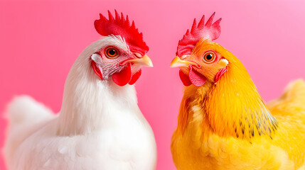 Fototapeta premium Two chickens, one white and one golden, face each other against a vibrant pink backdrop