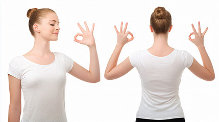 Front and back view of the same woman showing an OK sign on a white background.