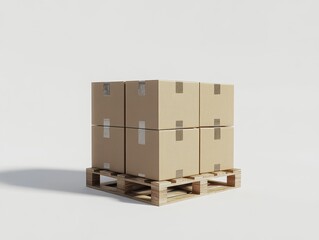 Eight cardboard boxes neatly stacked on a wooden pallet against a white backdrop