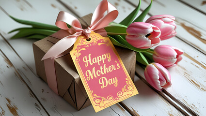 Happy Mother's Day tag attached to gift box with tulips on white wooden background