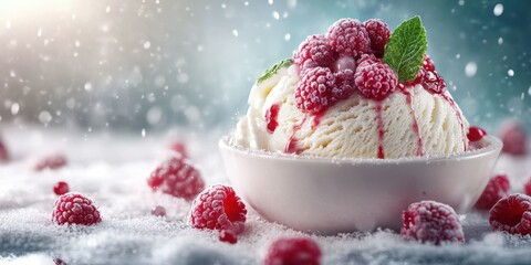 Enjoying a bowl of raspberry ice cream in a snowy winter setting with a fresh mint garnish and sprinkled raspberries around