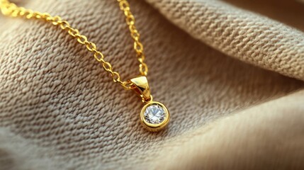 Fototapeta premium Delicate gold chain with a small diamond pendant resting on a neutral fabric