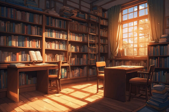 Quiet reading corner in a small school library with warm afternoon light and floating dust in anime tone