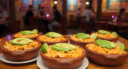 Fototapeta premium Macaroni and Cheese with Avocado and Lime