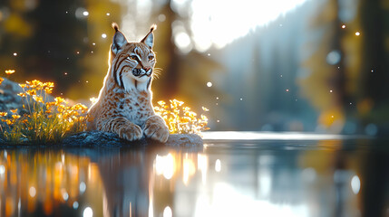 Bobcat resting on a rock by a calm lake at sunset, surrounded by yellow wildflowers