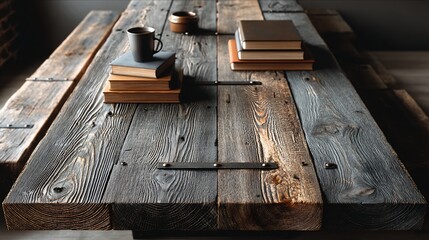 Rustic wooden table with books and coffee cup