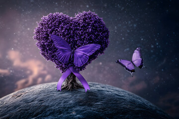 Lavender purple ribbon all kind of cancer awareness on heart tree with butterfly on Earth planet. Alzheimer's disease, Pancreatic cancer, Hodgkin's Lymphoma awareness. World Lupus Day and world cancer