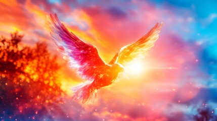 Fiery bird in flight against vibrant sunset, radiating light and warmth
