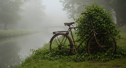 Rusty bicycle covered with vines near foggy canal