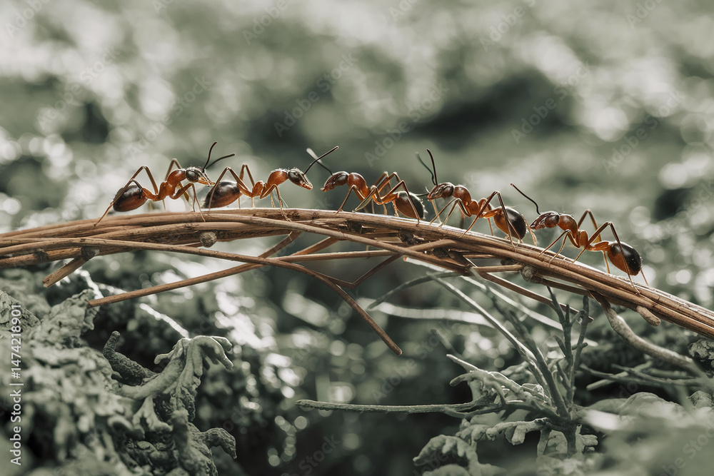 Poster several ants crossing a twig bridge, showcasing teamwork and cooperation in nature's intricate ecosy