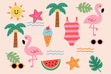 Fun and colorful summer beach elements in a flat cute style. Includes flamingos, palm trees, swimsuit, ice cream, watermelon, sun, sunglasses, and tropical leaves. Perfect for summer party holiday.