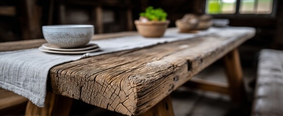 Rustic Wooden Table with Linen Table Runner