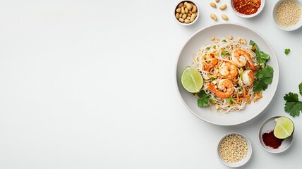 Delicious shrimp stir-fry with noodles and fresh herbs prepared on a clean kitchen counter