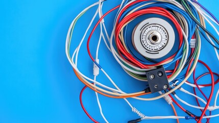 Flat lay of brushless cylindrical motor with wiring extending in curves on a blue tech-style surface