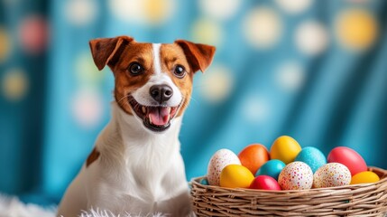 Happy Jack Russell terrier dog with a basket full of Easter eggs. Perfect for holiday-themed projects, Easter greetings, or pet-related content.
