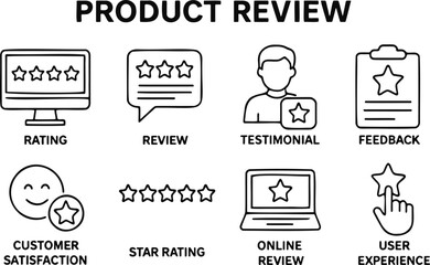 Vector illustration depicting elements of product review including ratings, testimonials, and user experience feedback
