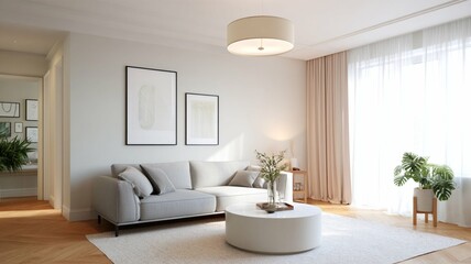Fototapeta premium Modern living room design featuring a comfortable sofa and natural light in a spacious home setting
