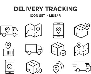 Vector illustration of delivery tracking icons featuring trucks, maps, and mobile devices in a minimalist design