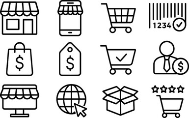 Vector illustration showcasing various shopping and e-commerce icons including stores, carts, and payment symbols