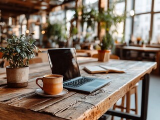 Rustic workspace with laptop, coffee, and plants