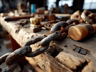 Rusty chain and tools on weathered workbench