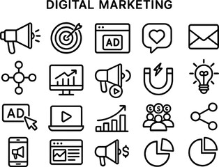 Vector illustration showcasing digital marketing icons including a megaphone, target, graphs, and various online tools for advertising strategies