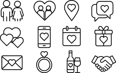 Wedding planning outline icon set featuring essential elements for organizing a special event