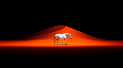 A lone pale horse stands on an orange dune against a black background