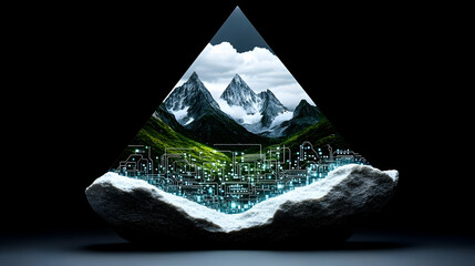 Naklejka premium A pristine mountain landscape encased within a translucent pyramid resting on a stone base, featuring subtle digital network elements