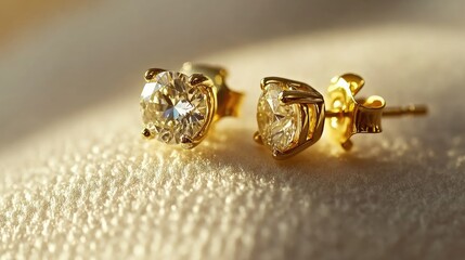 Minimalist diamond stud earrings on a soft beige background