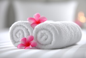 A modern white bedroom serves as the backdrop for a spa wellness concept, complete with white towels, a candle, milk soap, and a bamboo wooden basket filled with beautiful frangipani flowers