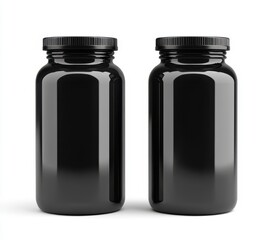 Two sleek, black, empty supplement bottles with black caps, isolated on white background