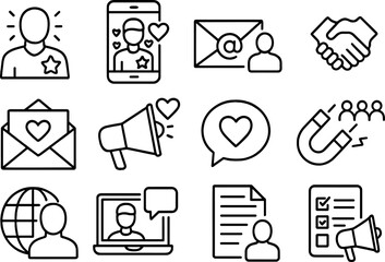 Vector illustration of brand identity icons including logo, badge, and business card in linear style layout