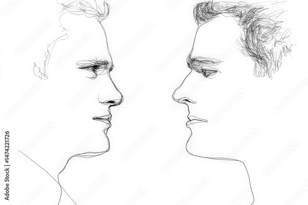 Poster two portraits of men facing each other in a minimalist line drawing style illustrating a moment of c