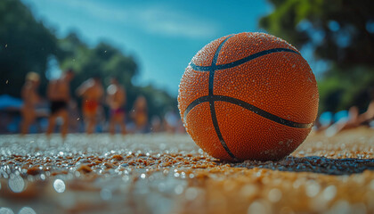 Close-up view of basketball on indoor court floor